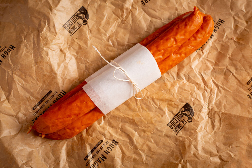 Smoked gourmet hot dogs, butcher-made