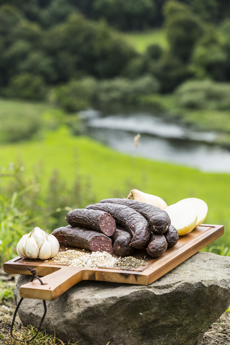 Smoked Black Pudding, sliced, with garlic, onion and oatmeal