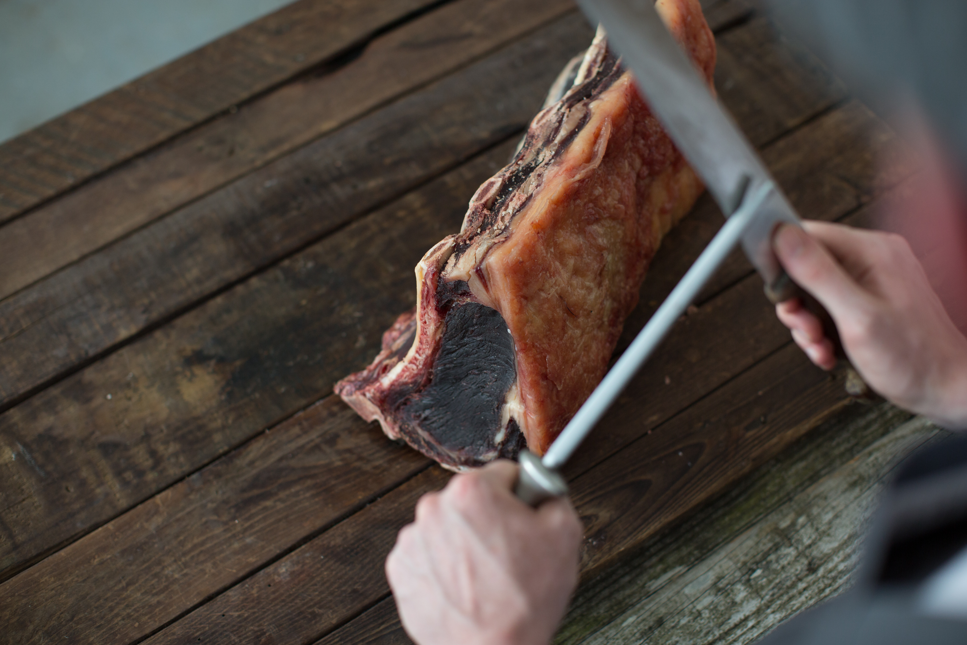 Dry aged beef being prepared at Hugh Maguire Butchers & Smokehouse